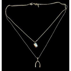 Layered Lucky Wishbone And Picture Jasper Dual Pendant Necklace